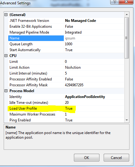 set load user profile true for applicationpoolidentity