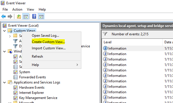 Create custom event log view