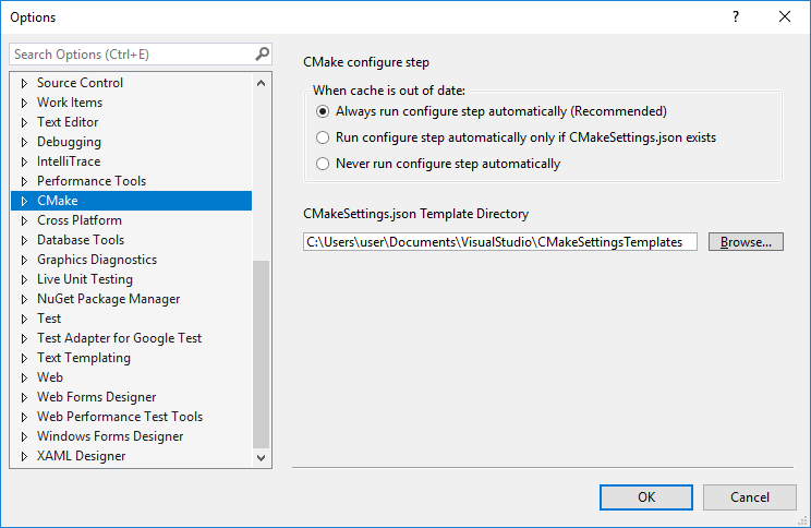 Custom Templates in Tools > Options > CMake
