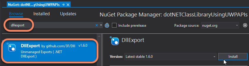 DllExport in Manage NuGet Packages window