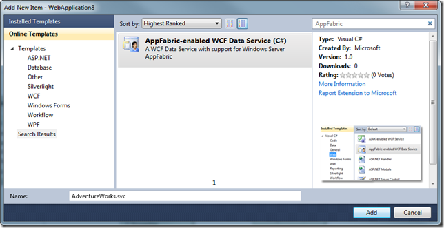 Add New Item AppFabric-enabled WCF Data Service C#