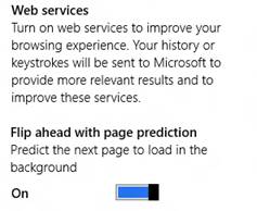 Page Prediction setting in IE11 is accessed under the Privacy tab