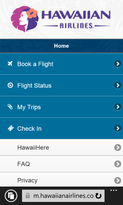 Captura de tela de www.hawaiianairlines.com com a Atualização do Windows Phone 8.1