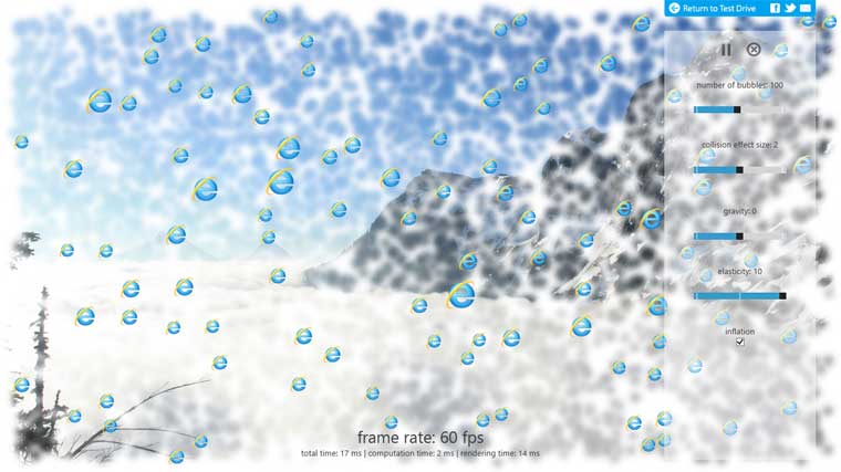 Captura de tela da demonstração do Bubbles executado no IE10 estilo Metro do Windows 8 Release Preview