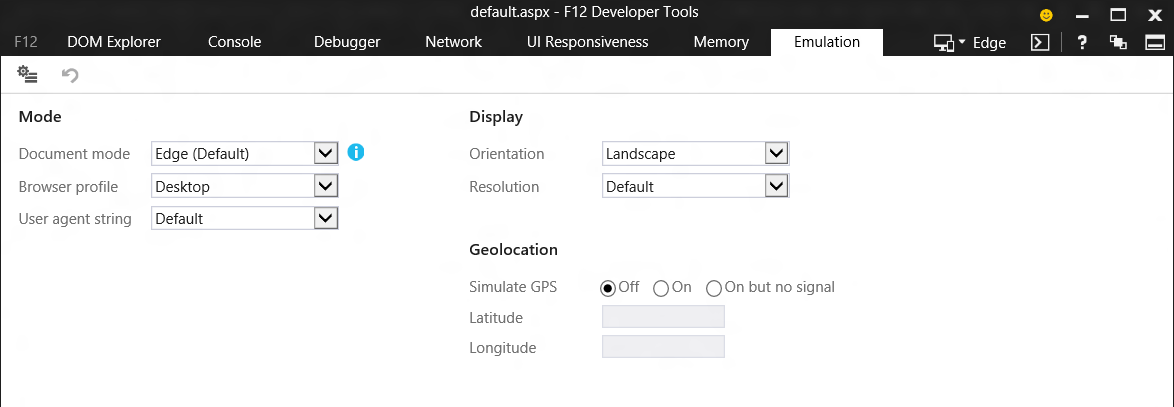 'Emulation' tab in the IE11 F12 Developer tools