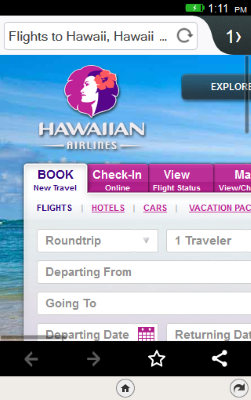 Captura de tela de www.hawaiianairlines.com com o Firefox OS