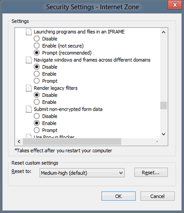 Security Settings dialog scrolled to the location of the Render legacy filters setting