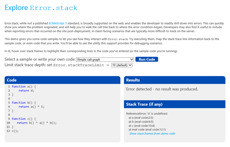 Captura de tela da demonstração de ''test drive'' Explore Error.stack.