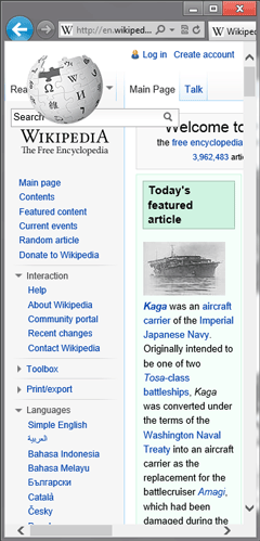 Снимок экрана с очень узким окном браузера, в котором открыта Википедия. Видна панель навигации слева; читать избранную статью можно, но неудобно, поскольку столбец текста слишком узкий.