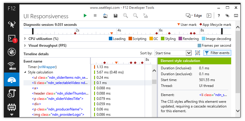 Captura de tela da Ferramenta de Capacidade de Resposta da Interface do Usuário F12 atualizada