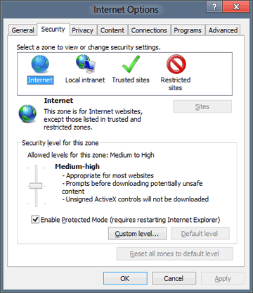 Security tab of the Internet Options dialog showing the Internet zone highlighted