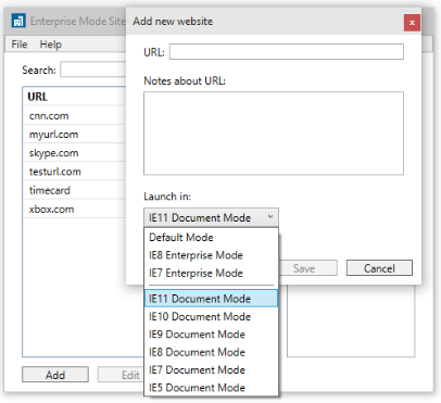 Screenshot of Enterprise Mode Site List demonstrating support for IE8 Enterprise Mode and IE7 Enterprise Mode