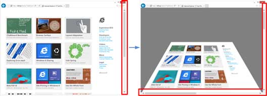 Screenshot, der die Unterschiede bei den Bildlaufleisten vor und nach dem Anwenden einer Transformation mit Perspektivprojektion hervorhebt