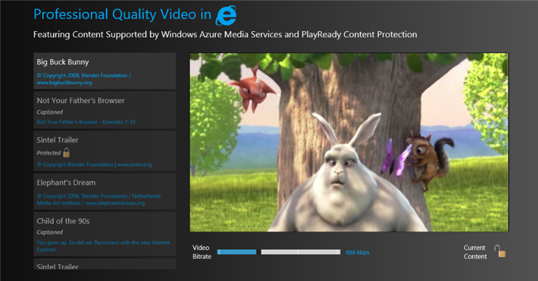 The Professional Quality Video Demo shows adaptive streaming and DRM playback