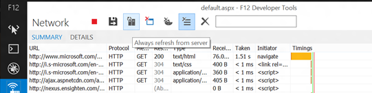With IE11, the “always refresh from server” option supports iterative development by producing reproducible network performance results each time you reload the page