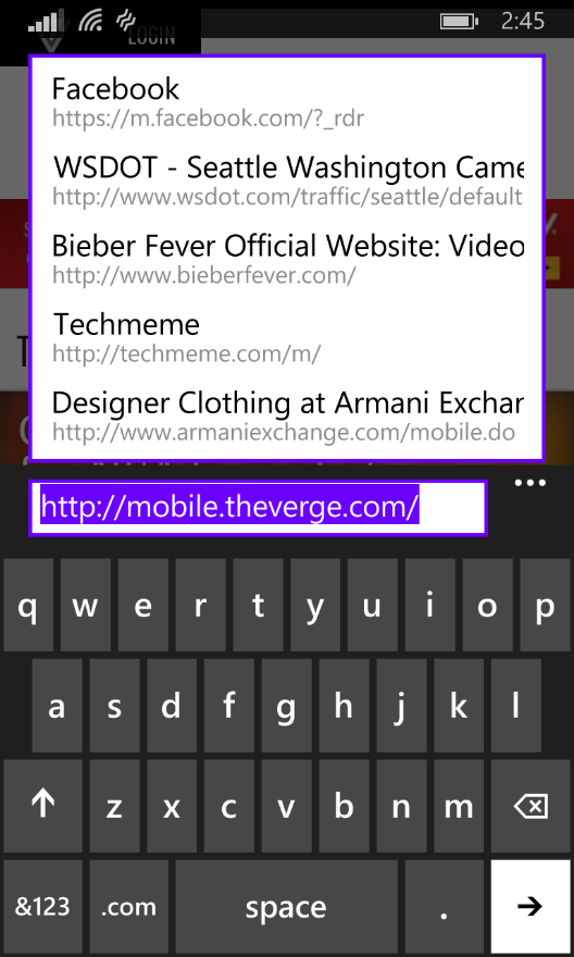 Frequently visited sites on IE11 for Windows Phone