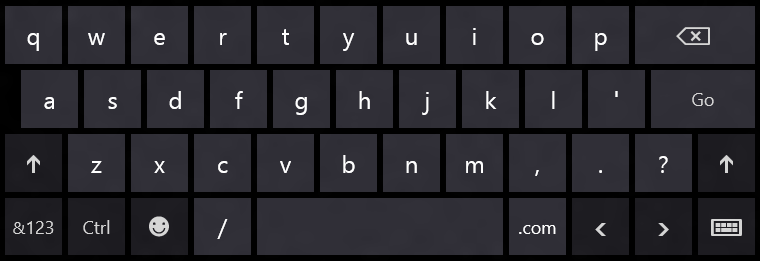 Сенсорная клавиатура со знаком косой черты и кнопкой ".com" для ввода URL-адресов.