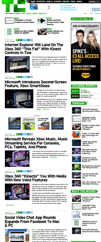 Снимок экрана с веб-сайтом TechCrunch, открытым в прикрепленном представлении в стиле Metro. Видна вся страница, размеченная под ширину 1024 пикселя и уменьшенная до соответствующих размеров.