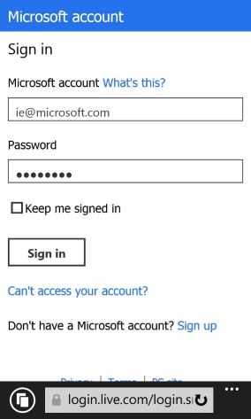 Windows Phone 8.1 の IE11 によるパスワード オートフィル