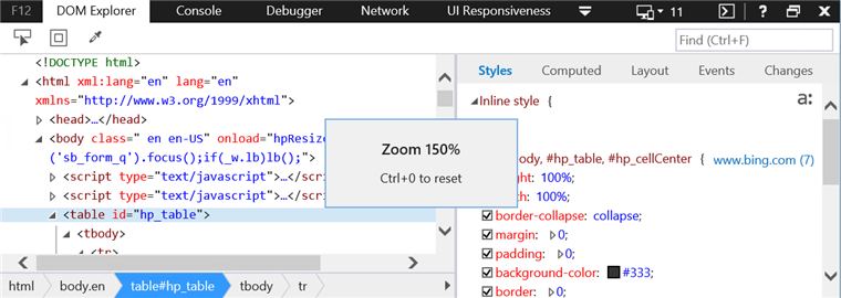 Changing zoom level in F12 Developer Tools