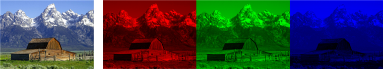 Изображение Национального парка Гранд-Титон и его красный, зеленый и синий компоненты