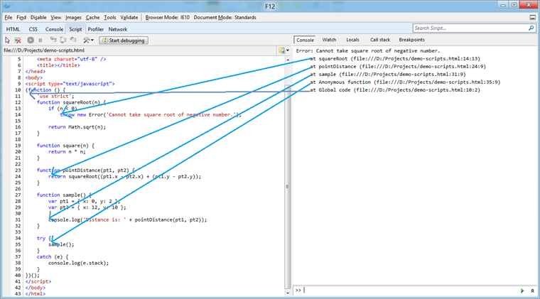 console.log(e.stack)을 호출하여(여기서 e는 try/catch 블록의 catch 절에 전달된 Error 개체) 기록된 스택 추적을 보여 주는 F12 개발자 도구.