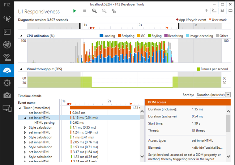 The UI Responsiveness and Memory profiling capabilities in IE11’s F12 developer tools complement modern.IE for diagnosing and fixing Web site performance