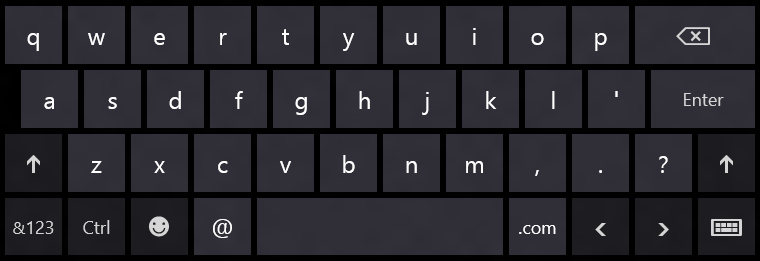 Сенсорная клавиатура с кнопками "@" и ".com" для ввода адресов электронной почты.