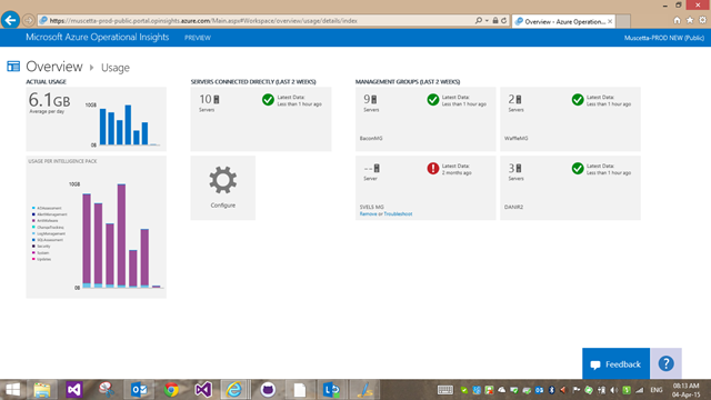 Servers and Usage page in Azure Operational Insights