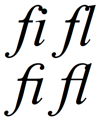 Ligatures. Top: Times New Roman Italic fi and fl combination without ligatures. Bottom: Times New Roman Italic, ﬁ and ﬂ combination with ligatures