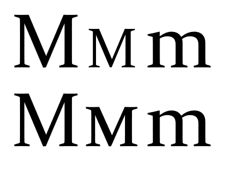 Top, Constantia, Cap M, Cap M electronically scaled to Small Cap height, lowercase m. Bottom: Constantia, Cap M, True Small Cap M, lowercase m. (Note that the overall weight of the true small cap is designed to be in harmony with the lowercase