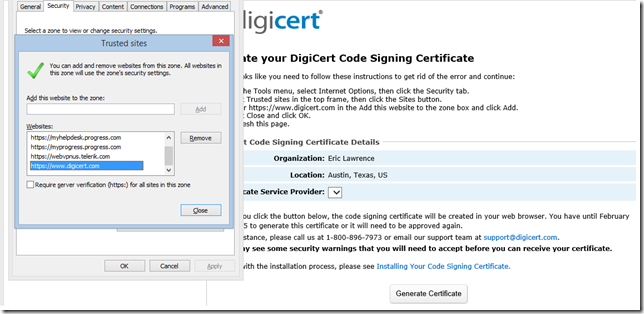 DigiCert enrollment page and Trusted Sites Zone