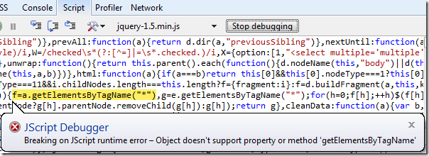Error Message: Object doesn't support property getElementsByTagName