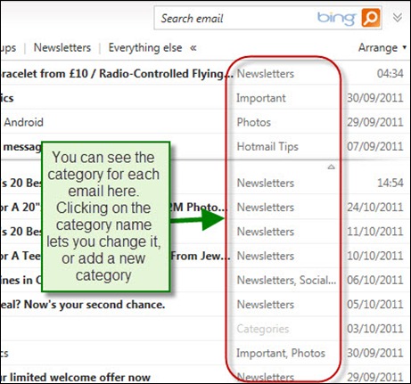 Screenshot showing categories for each email
