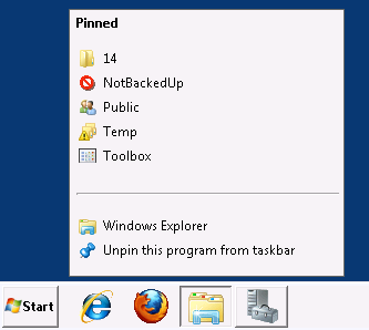 My Windows Explorer Jump List (Windows Server 2008 R2)