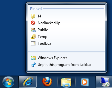 My Windows Explorer Jump List (Windows 7)