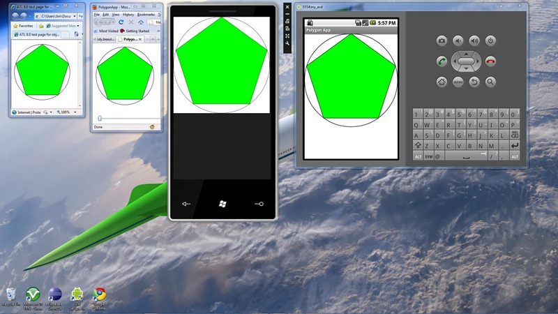 The Polygon control, adapted from the ATL Tutorial topic, running as an ActiveX control (left), a Silverlight control, a Windows Phone control, and an Android Virtual Device emulator (right).