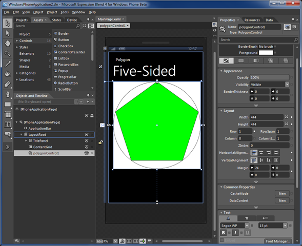 The PolygonApp running in Expression Blend 4 for Windows Phone, adapted from the ATL Tutorial topic.