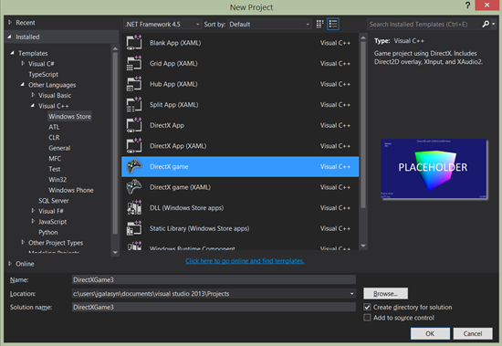 Screenshot of the Visual Studio 2013 New Project dialog box, with the DirectX game template selected. Graphic: Microsoft