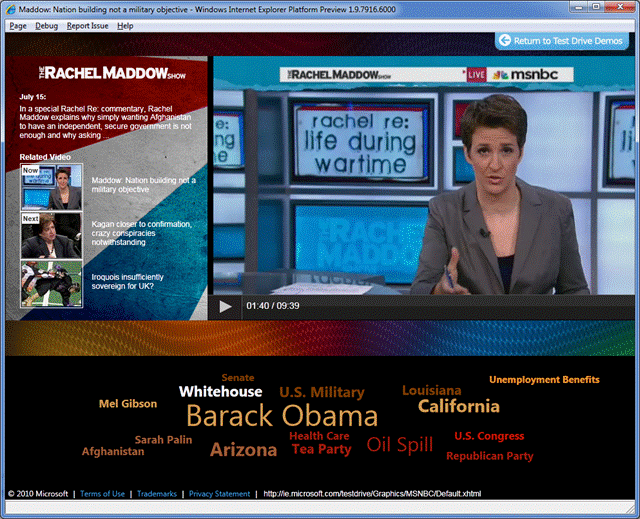 MSNBC video browser app running in IE9.