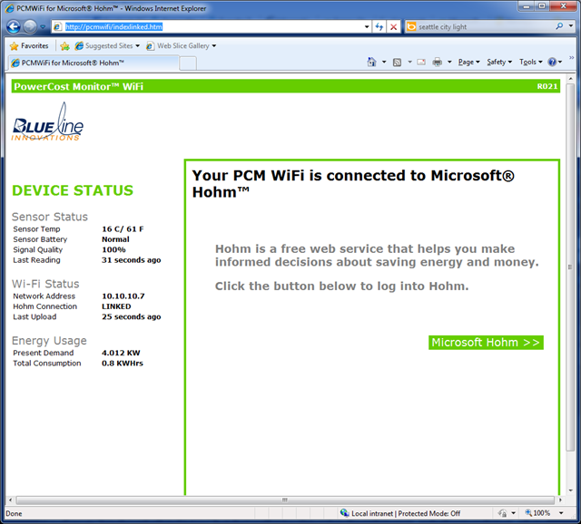 The PCM WiFi status page.