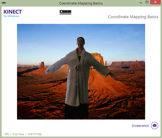 Screenshot of the CoordinateMappingBasics-WPF demo application in the Kinect for Windows v2 SDK. Photo: Jim Galasyn