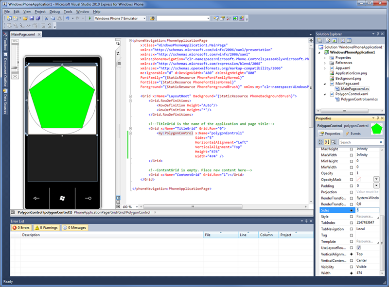 The completed Silverlight control project in Visual Studio 2010 Express for Windows Phone, adapted from the ATL Tutorial topic.