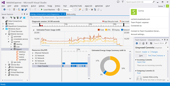 Screenshot of Visual Studio 2013, showing the energy usage diagnostics. Photo: Microsoft
