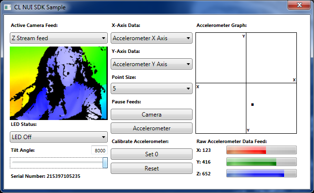CL NUI SDK Sample application showing accelerometer data and motor control. Jim Galasyn