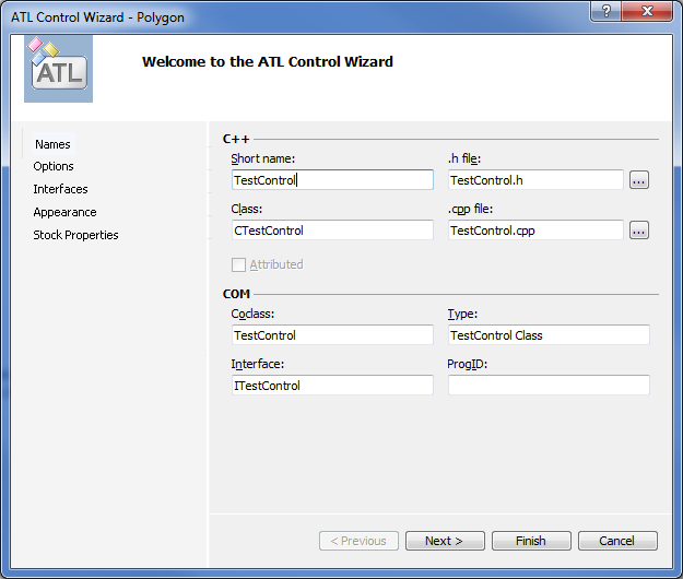 The ATL Control Wizard in Visual Studio 2010.