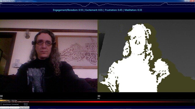 Screenshot of a prototype Kinect-Emotiv mashup running on a laptop. The realtime neurodata display is shown at the top of the screen, and the Kinect camera and z-stream are shown in the middle. Copyright © James Galasyn 2012