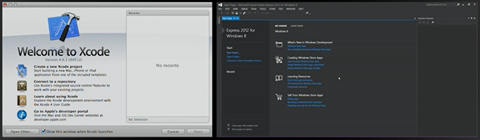 Side-by-side screenshots of Xcode (left) and Visual Studio (right).