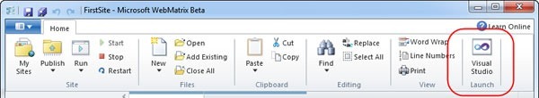 WebMatrix toolbar, with the "Launch in Visual Studio" button highlighted