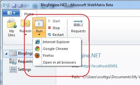 The "Run" button in WebMatrix, showing the different browsers you can use to preview your site